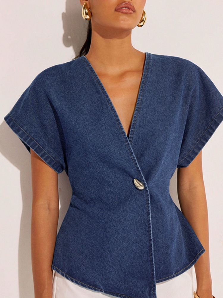 2026Women Dark Blue Denim Blou - Summer Clothing Wraps ulasan dan harga