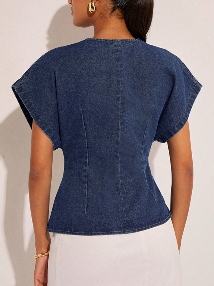 2026Women Dark Blue Denim Blou - Summer Clothing Wraps ulasan dan harga