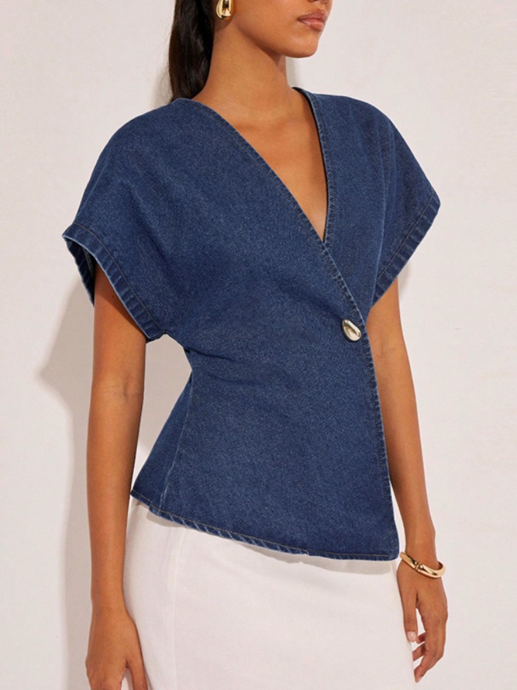2026Women Dark Blue Denim Blou - Summer Clothing Wraps ulasan dan harga