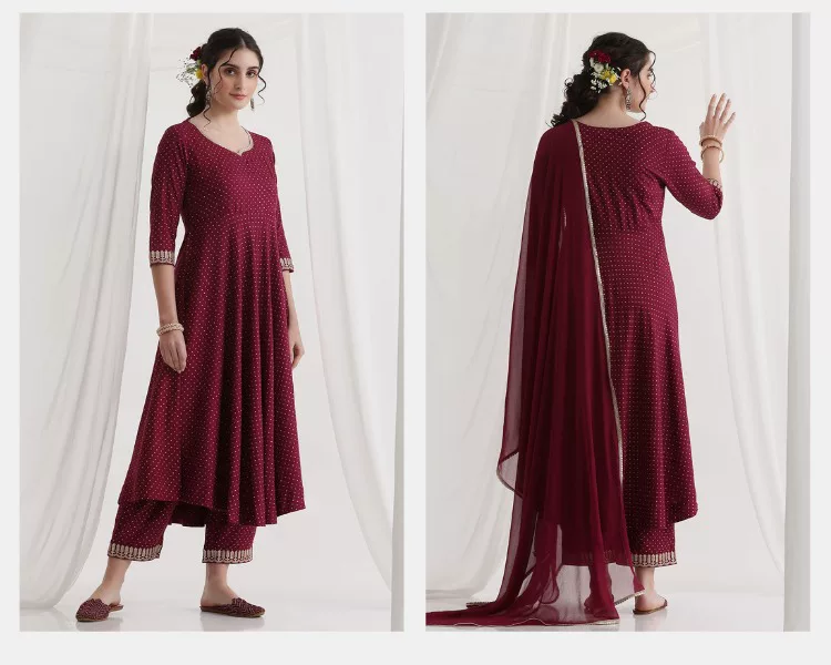 Women Maroon Ethnic Kurta Set  - Summer Clothing Pakistan ulasan dan harga